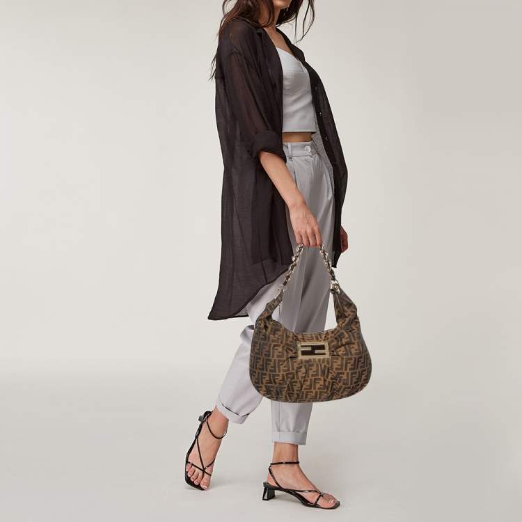 Pre Owned Fendi Tobacco Zucca Canvas and Patent Leather Mia Hobo