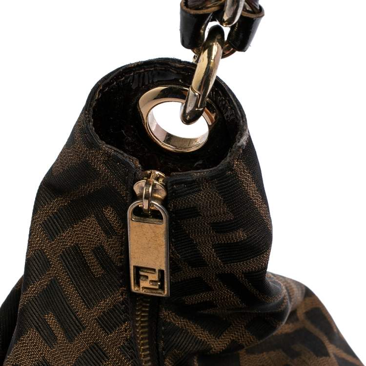 Pre Owned Fendi Tobacco Zucca Canvas and Patent Leather Mia Hobo