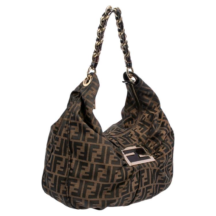 Pre Owned Fendi Tobacco Zucca Canvas and Patent Leather Mia Hobo