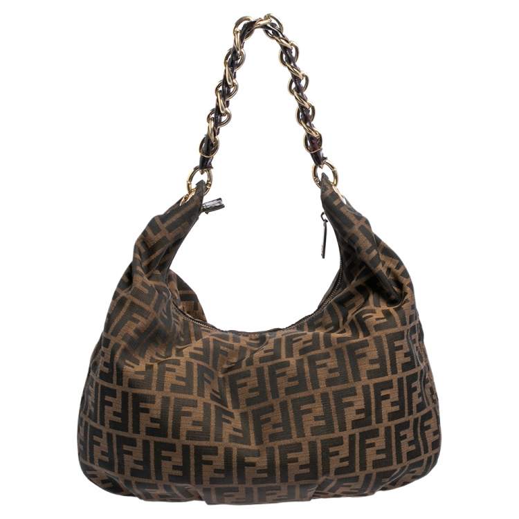 Pre Owned Fendi Tobacco Zucca Canvas and Patent Leather Mia Hobo