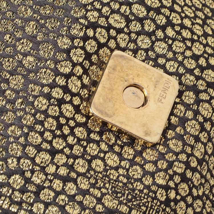 Pre Owned Fendi Metallic Gold Brocade Fabric Baguette Bag