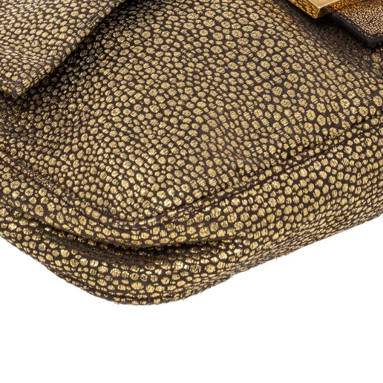 Pre Owned Fendi Metallic Gold Brocade Fabric Baguette Bag