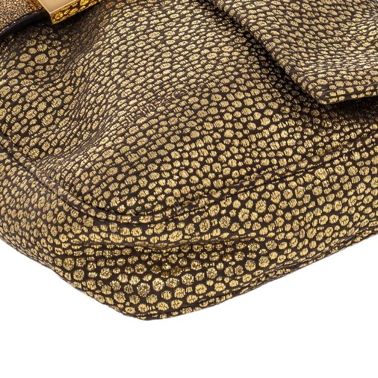 Pre Owned Fendi Metallic Gold Brocade Fabric Baguette Bag