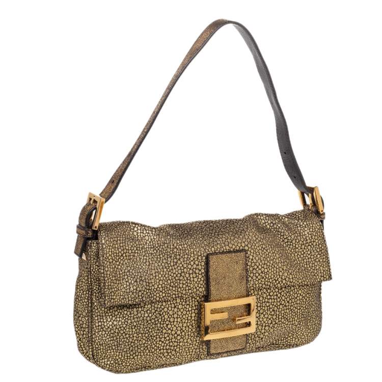 Pre Owned Fendi Metallic Gold Brocade Fabric Baguette Bag