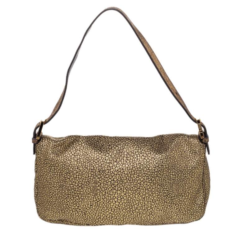 Pre Owned Fendi Metallic Gold Brocade Fabric Baguette Bag