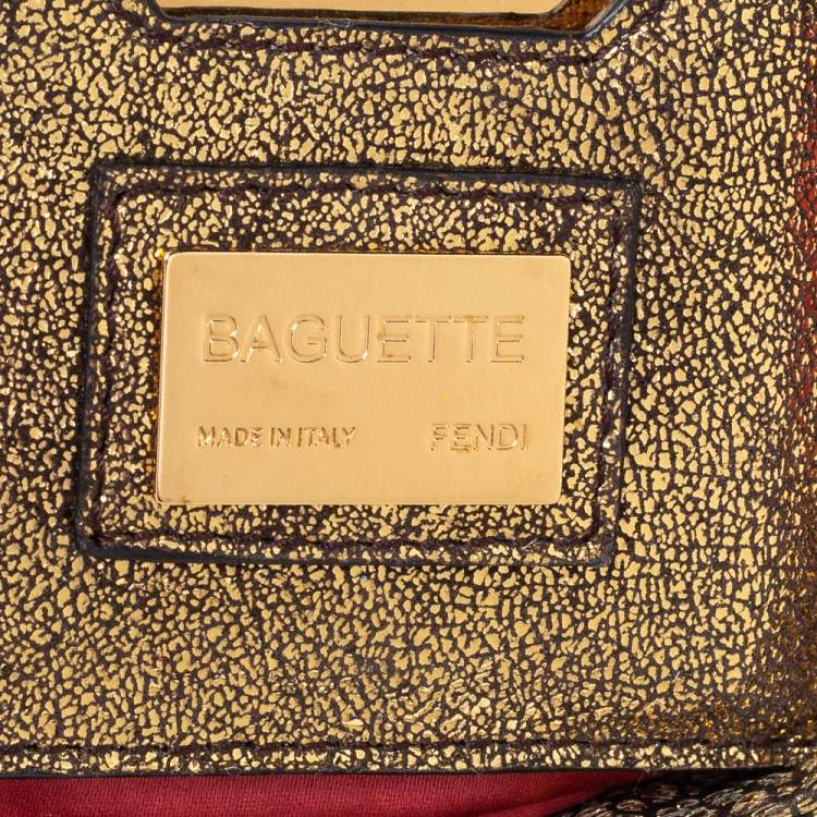 Pre Owned Fendi Metallic Gold Brocade Fabric Baguette Bag