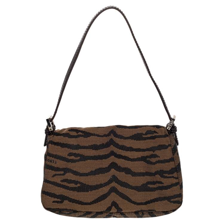 Pre Owned Fendi Brown Tiger Print Canvas Shoulder Bag