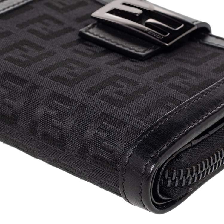 Pre Owned Fendi Black Zucchino Monogram Canvas and Leather Compact Zip Wallet