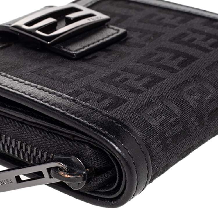 Pre Owned Fendi Black Zucchino Monogram Canvas and Leather Compact Zip Wallet