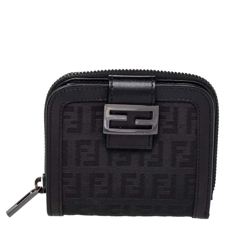 Fendi Black Zucchino Monogram Canvas and Leather Compact Zip Wallet ...