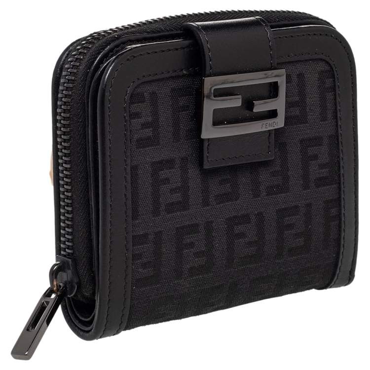 Pre Owned Fendi Black Zucchino Monogram Canvas and Leather Compact Zip Wallet