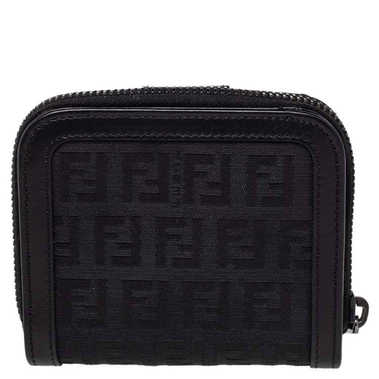 Pre Owned Fendi Black Zucchino Monogram Canvas and Leather Compact Zip Wallet