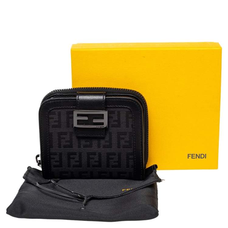 Pre Owned Fendi Black Zucchino Monogram Canvas and Leather Compact Zip Wallet