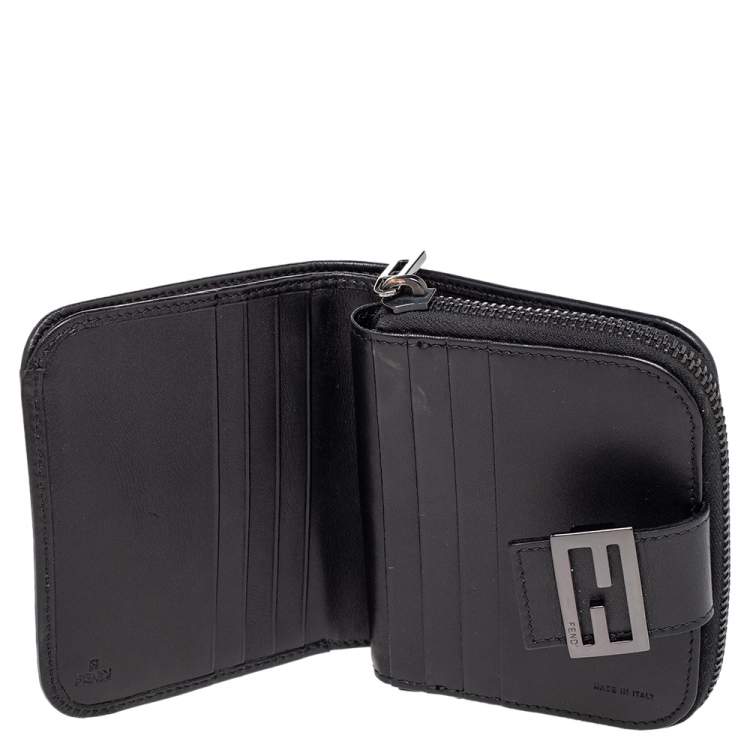 Pre Owned Fendi Black Zucchino Monogram Canvas and Leather Compact Zip Wallet