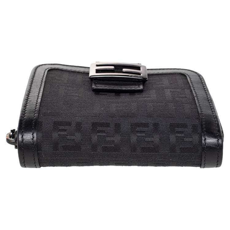 Pre Owned Fendi Black Zucchino Monogram Canvas and Leather Compact Zip Wallet