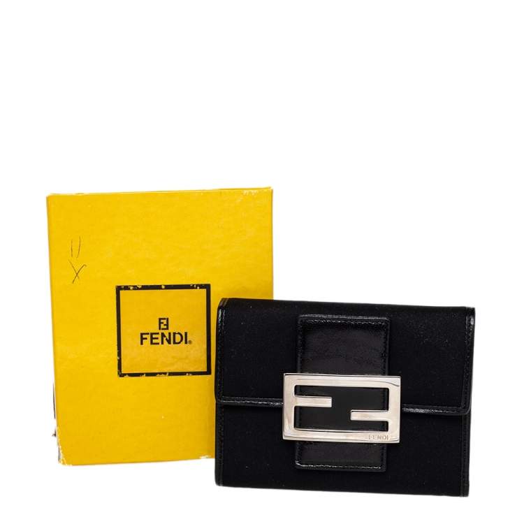Pre Owned Fendi Black Leather And Canvas FF Flap Compact Wallet
