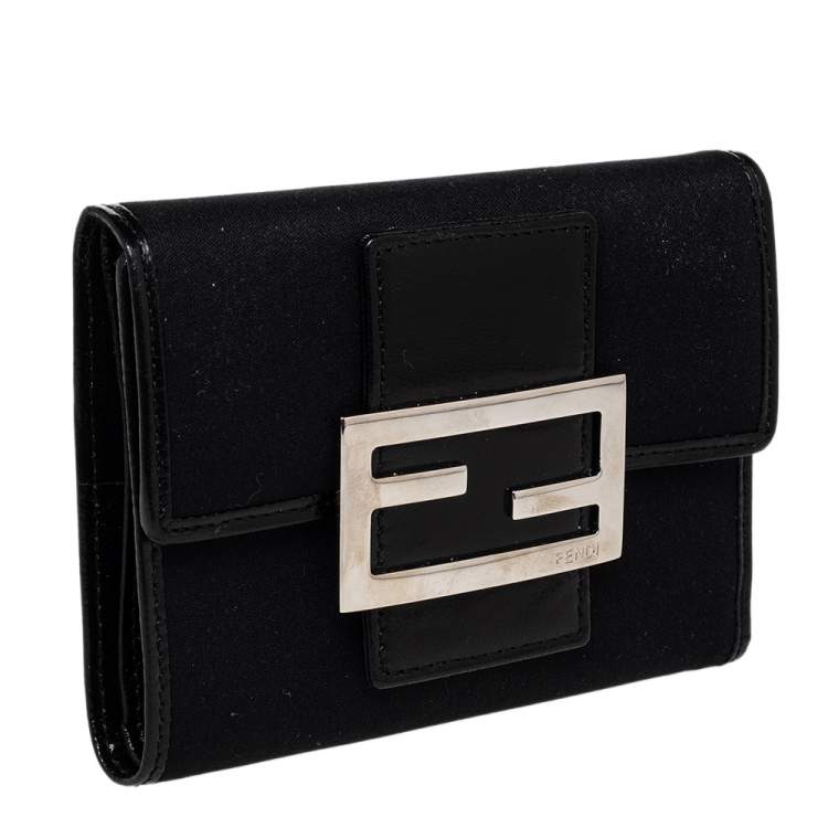 Pre Owned Fendi Black Leather And Canvas FF Flap Compact Wallet