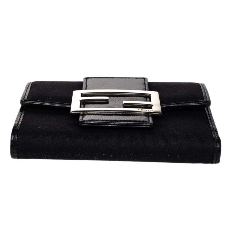 Pre Owned Fendi Black Leather And Canvas FF Flap Compact Wallet
