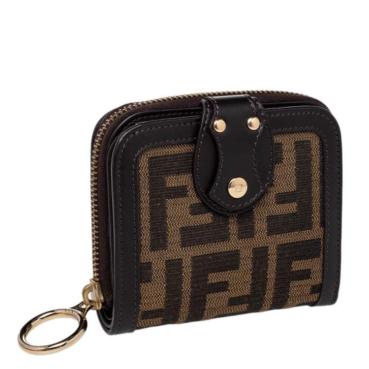 Pre Owned Fendi Tobacco Zucca Canvas and Leather Compact Zip Wallet