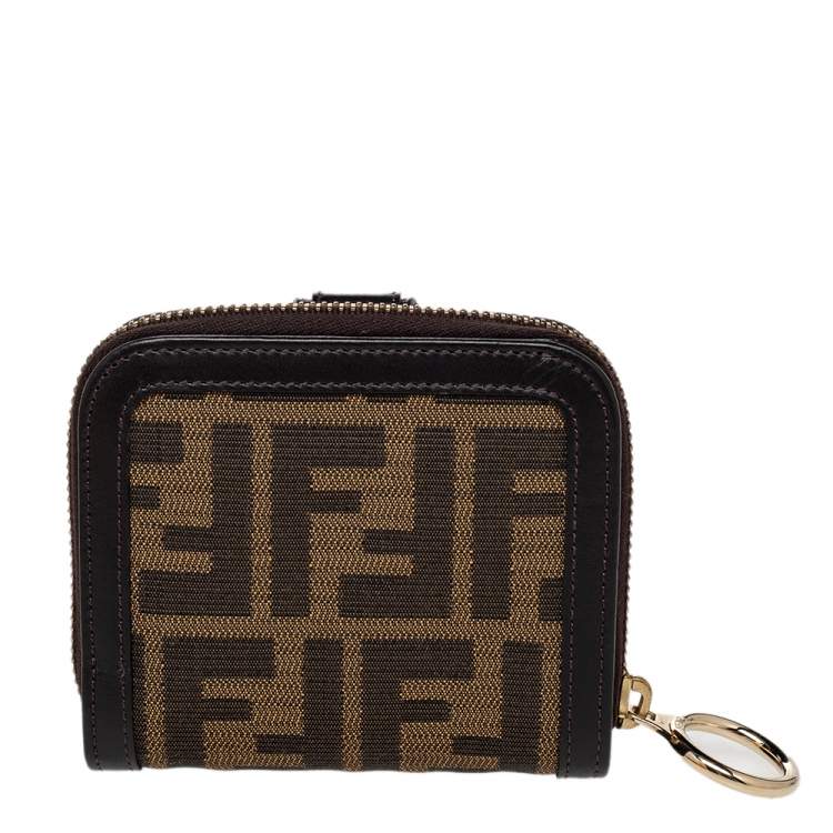 Pre Owned Fendi Tobacco Zucca Canvas and Leather Compact Zip Wallet