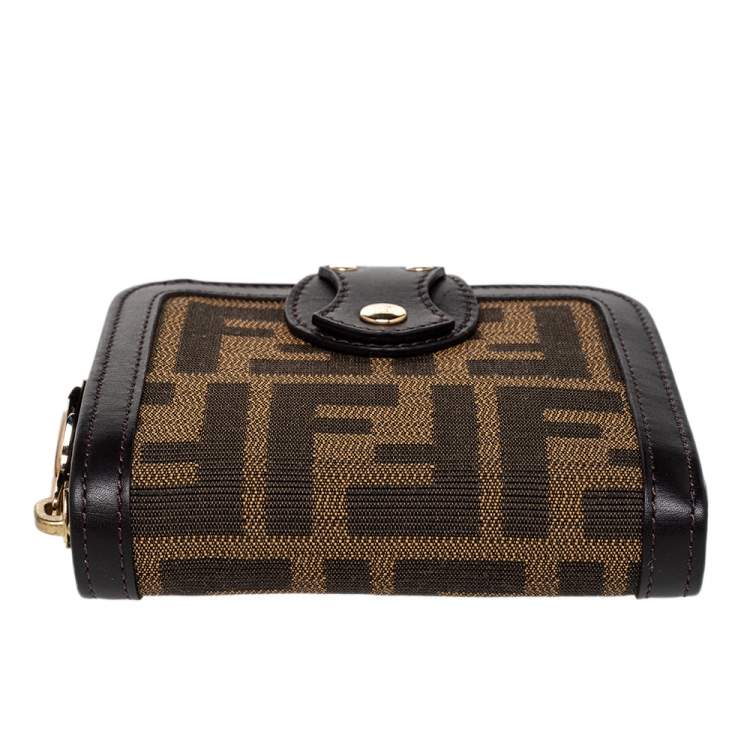 Pre Owned Fendi Tobacco Zucca Canvas and Leather Compact Zip Wallet