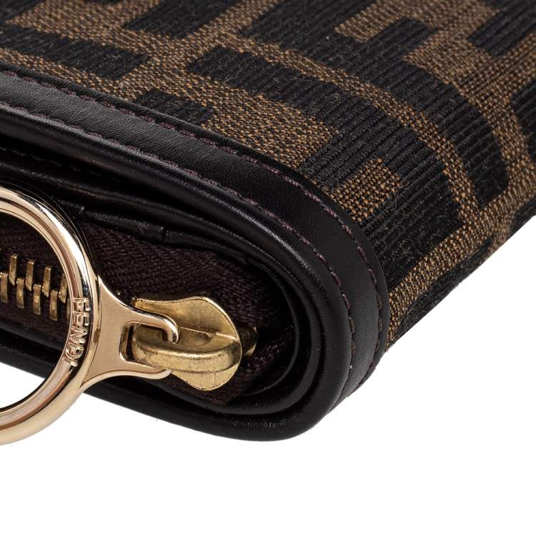 Pre Owned Fendi Tobacco Zucca Canvas and Leather Compact Zip Wallet