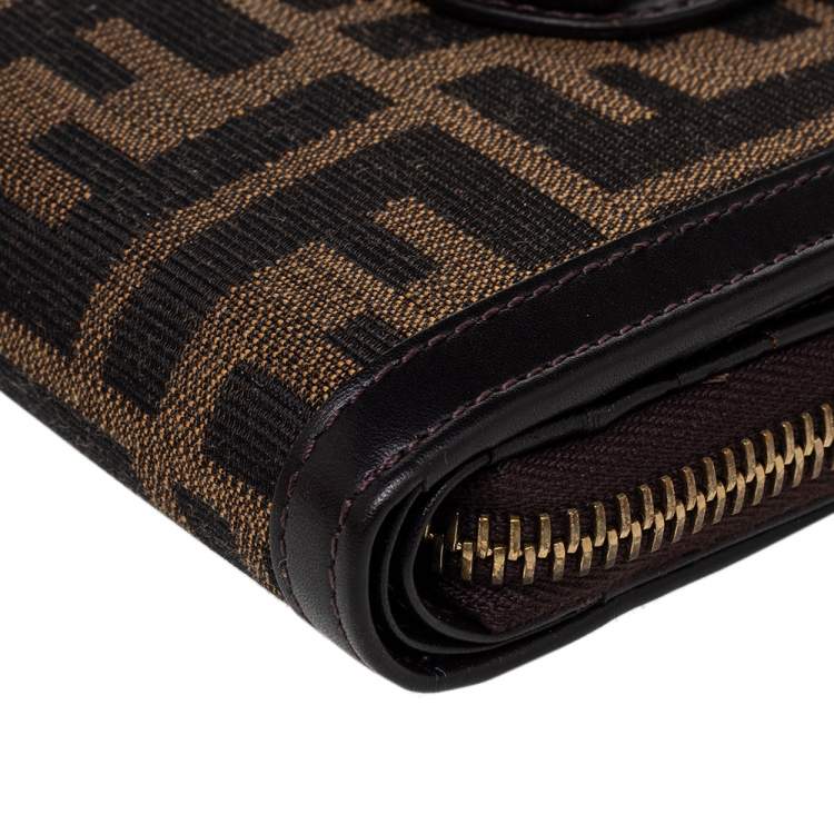 Pre Owned Fendi Tobacco Zucca Canvas and Leather Compact Zip Wallet