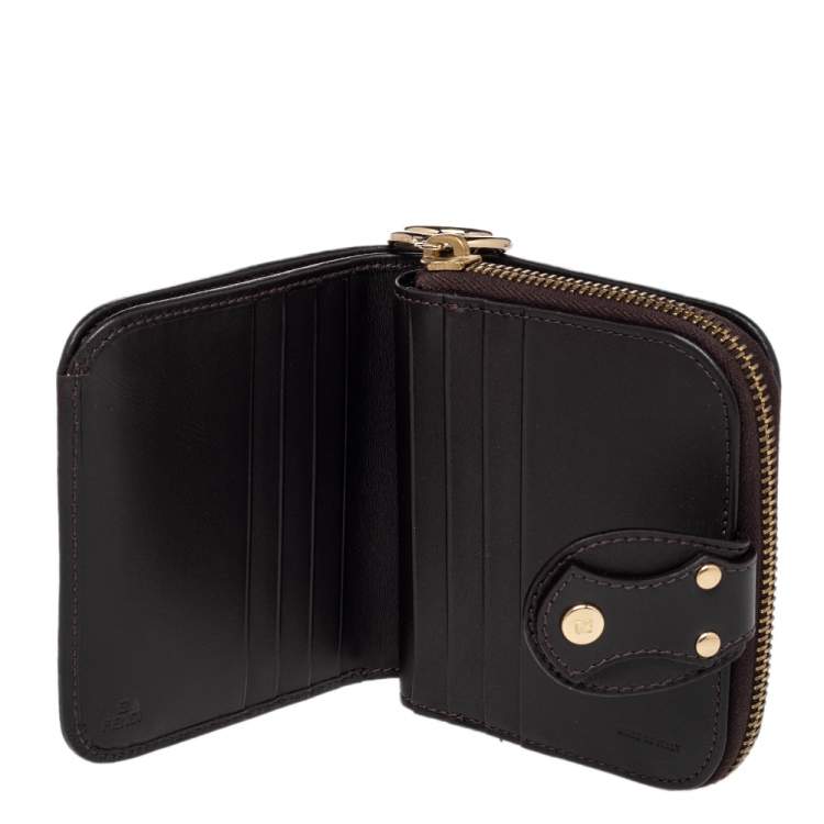 Pre Owned Fendi Tobacco Zucca Canvas and Leather Compact Zip Wallet