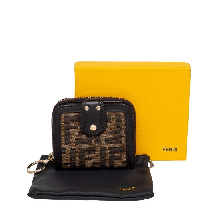 Pre Owned Fendi Tobacco Zucca Canvas and Leather Compact Zip Wallet