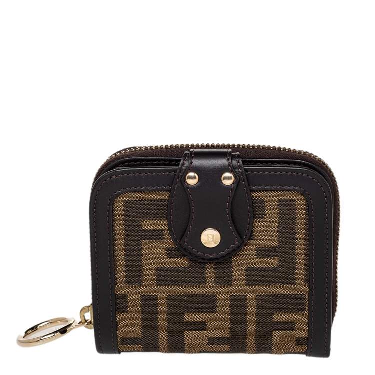 Pre Owned Fendi Tobacco Zucca Canvas and Leather Compact Zip Wallet