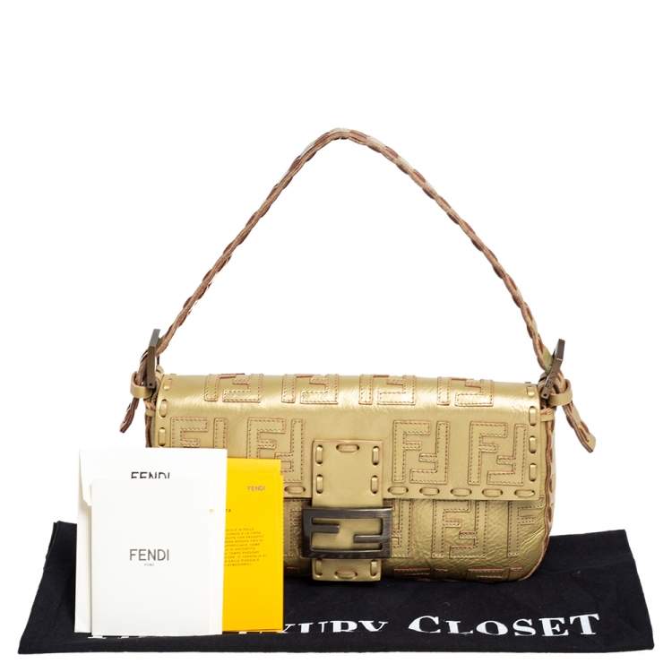 Pre Owned Fendi Gold Zucca Leather Whipstitched Baguette Flap Bag