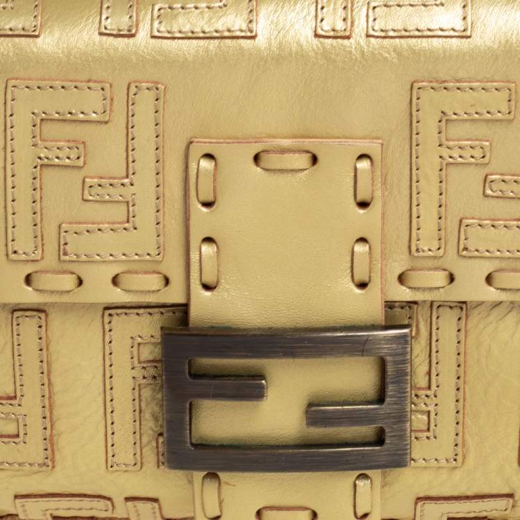 Pre Owned Fendi Gold Zucca Leather Whipstitched Baguette Flap Bag