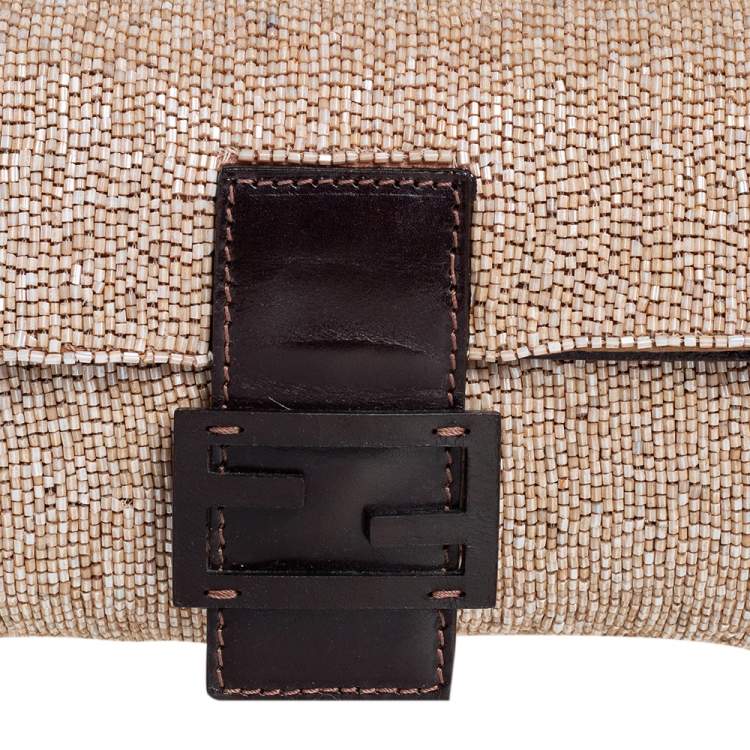 Pre Owned Fendi Beige/Brown Leather and Beaded Baguette Flap Bag