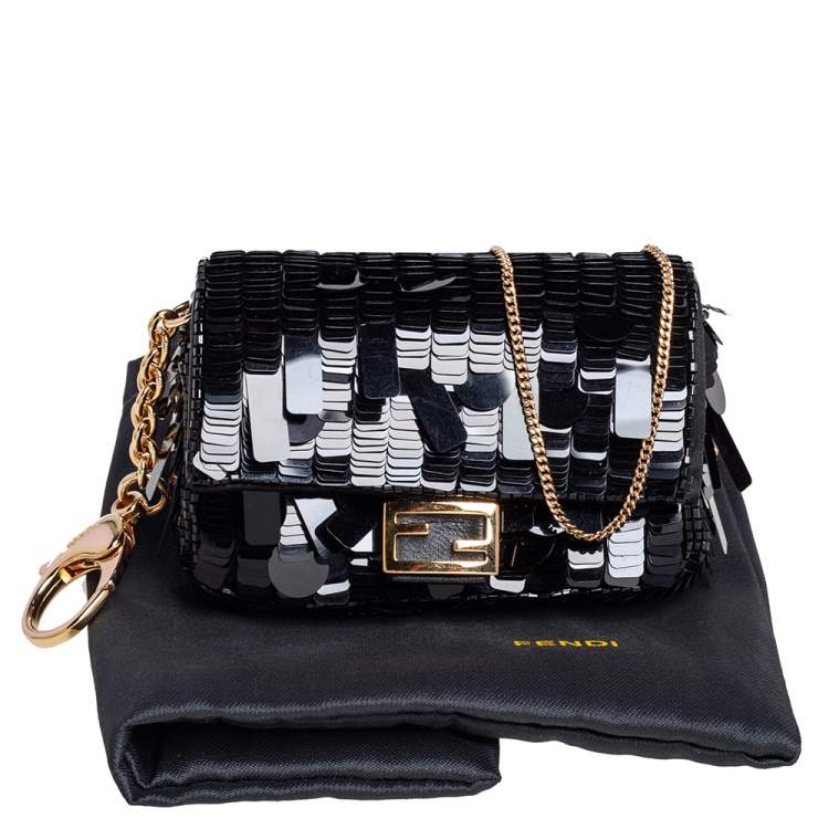 Pre Owned Fendi Black Sequin Nano Baguette Crossbody Bag