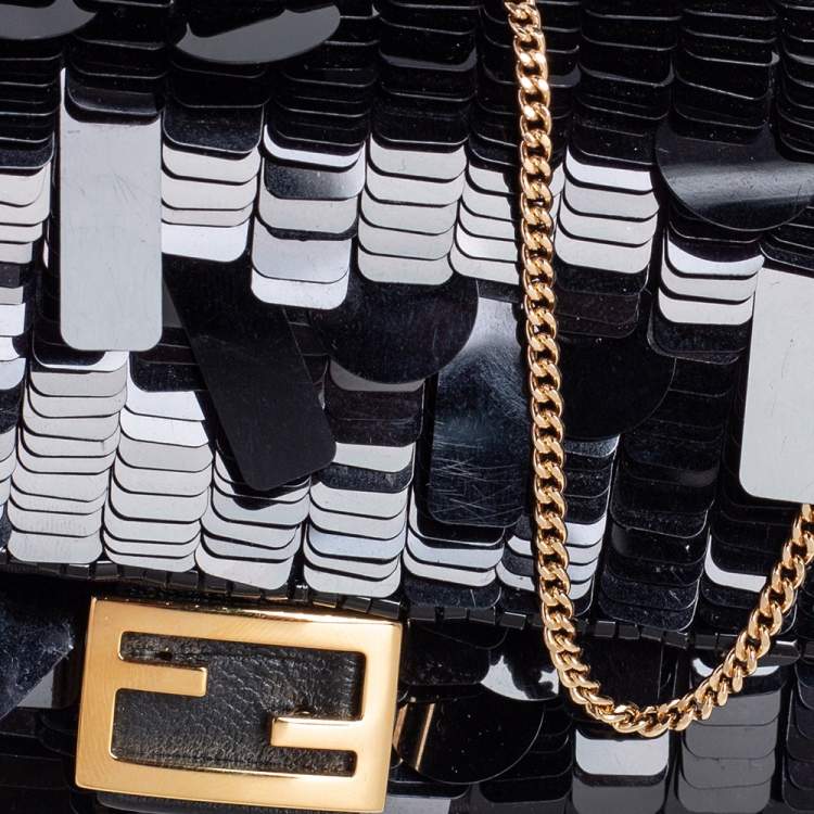 Pre Owned Fendi Black Sequin Nano Baguette Crossbody Bag