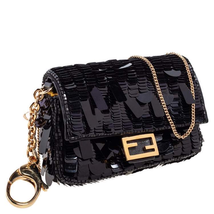 Pre Owned Fendi Black Sequin Nano Baguette Crossbody Bag