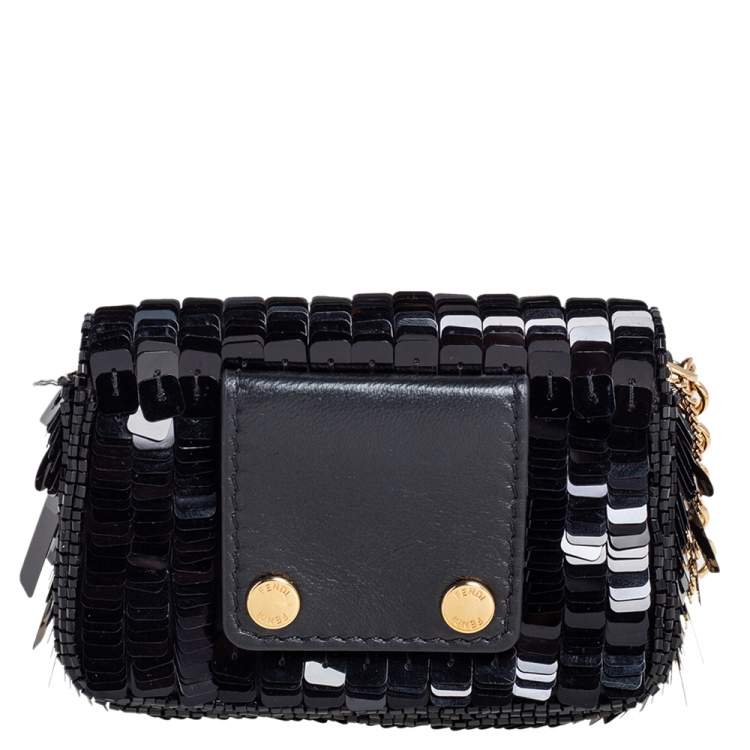 Pre Owned Fendi Black Sequin Nano Baguette Crossbody Bag