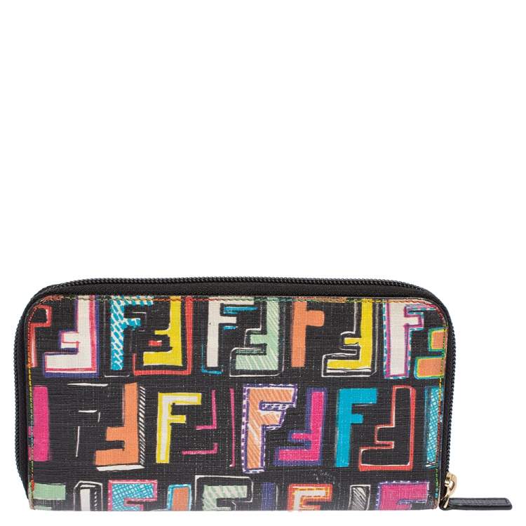 Pre Owned Fendi Multicolor Zucca Coated Canvas Zip Around Wallet