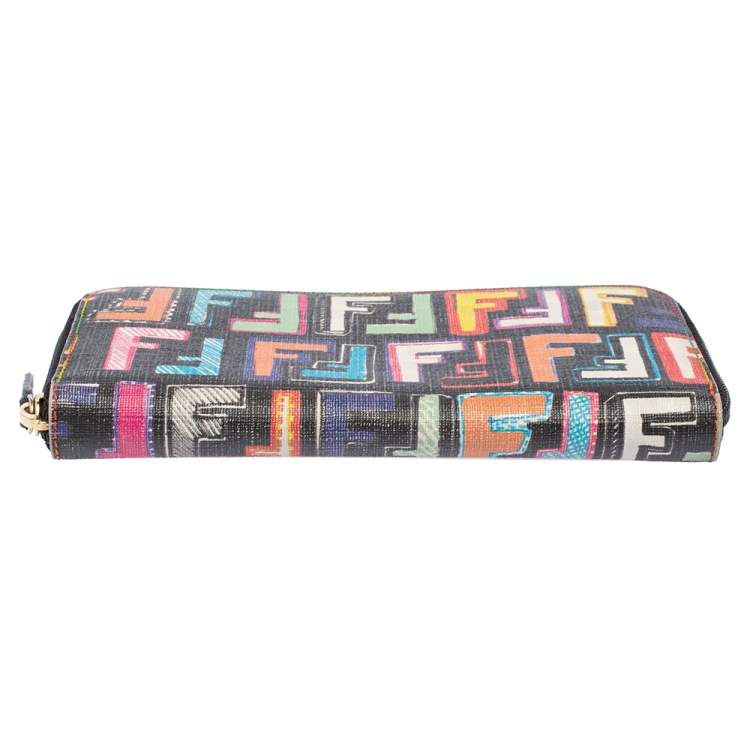 Pre Owned Fendi Multicolor Zucca Coated Canvas Zip Around Wallet