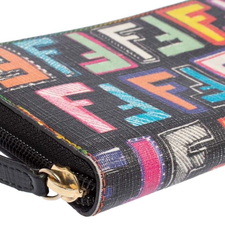 Pre Owned Fendi Multicolor Zucca Coated Canvas Zip Around Wallet