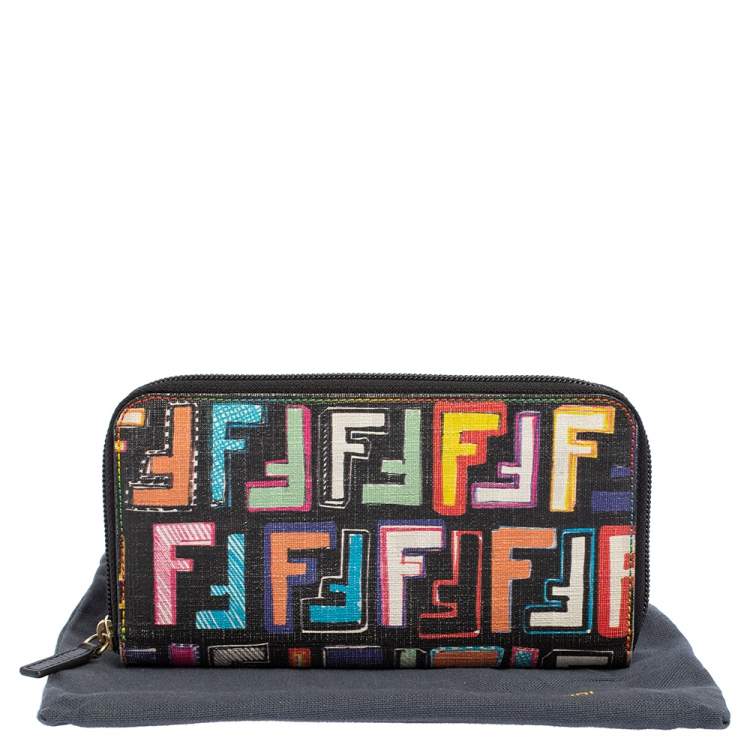 Pre Owned Fendi Multicolor Zucca Coated Canvas Zip Around Wallet