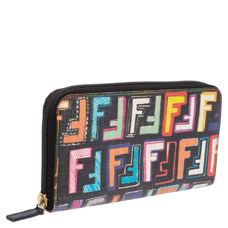 Pre Owned Fendi Multicolor Zucca Coated Canvas Zip Around Wallet