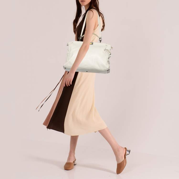 Pre Owned Fendi White Leather And Python Lining Large Peekaboo Top Handle Bag