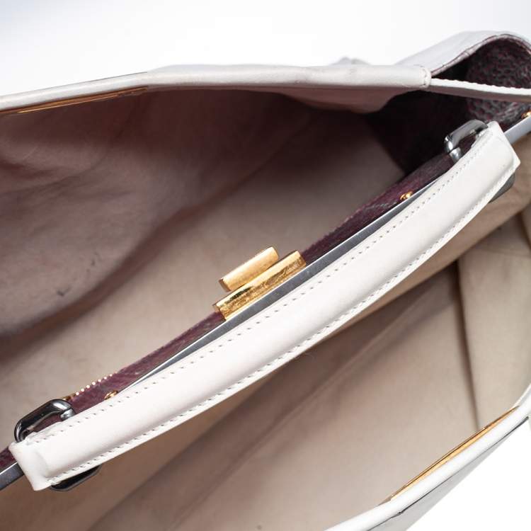 Pre Owned Fendi White Leather And Python Lining Large Peekaboo Top Handle Bag