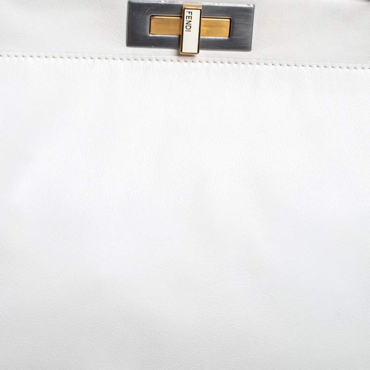 Pre Owned Fendi White Leather And Python Lining Large Peekaboo Top Handle Bag