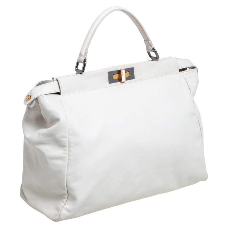 Pre Owned Fendi White Leather And Python Lining Large Peekaboo Top Handle Bag