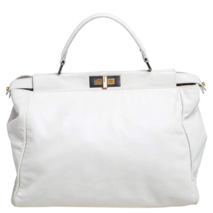 Pre Owned Fendi White Leather And Python Lining Large Peekaboo Top Handle Bag