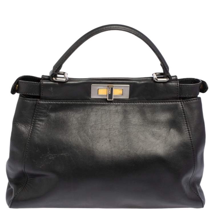 Pre Owned Fendi Black Leather Medium Peekaboo Top Handle Bag