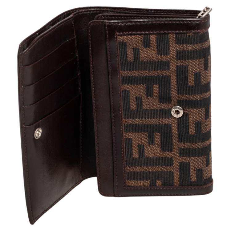 Pre Owned Fendi Tobacco Zucca Canvas and Leather Trim Flap Wallet