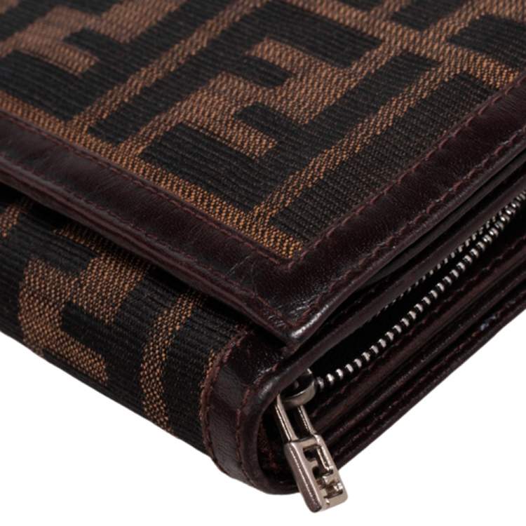 Pre Owned Fendi Tobacco Zucca Canvas and Leather Trim Flap Wallet
